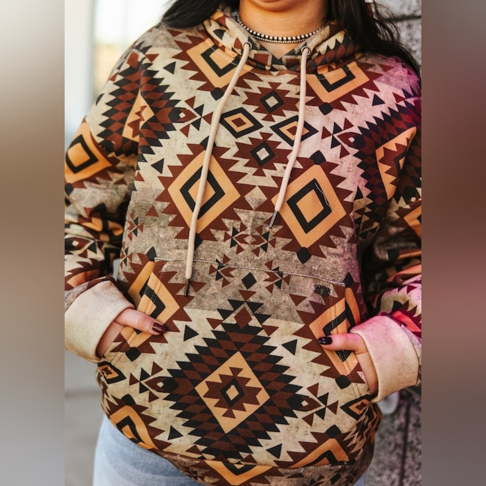 NWT Lucky And Blessed Western Brown Vintage Aztec Printed Drawstring Hoodie - Picture 4 of 6